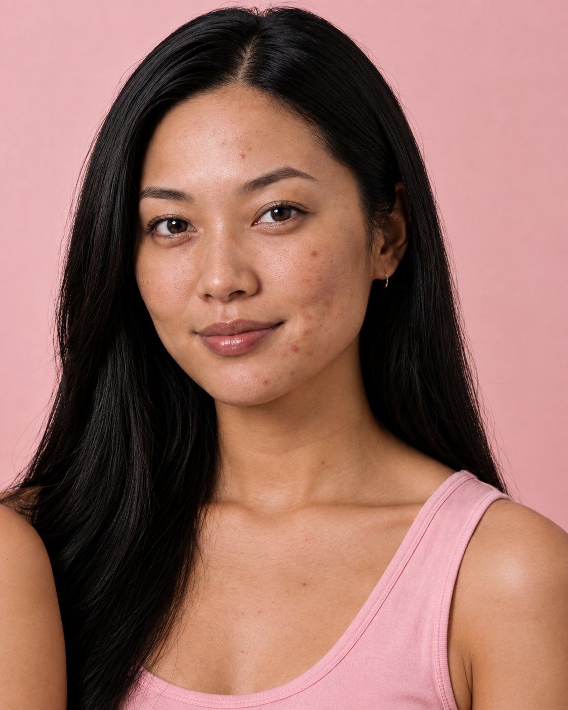 Before skincare portrait of the same young South Asian woman with natural uneven skin texture
